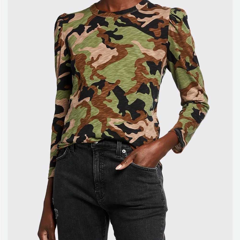 Veronica Beard Porter Camo Baseball Tee Long Puff Sleeve Top Large